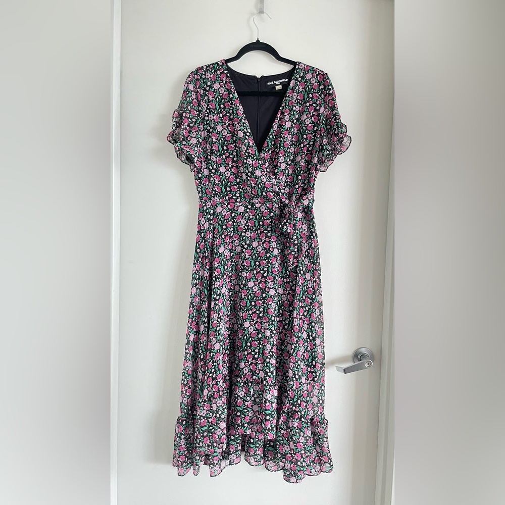 Karl Lagerfeld Floral Crinkle Chiffon Flounce-Hem Dress Size 8